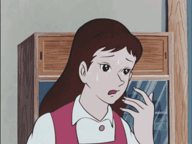 a cartoon of a girl in a pink shirt with a white button on the front