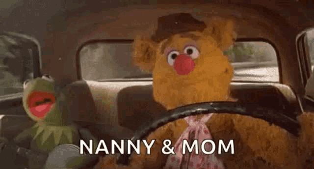 kermit the frog and fozzie bear are sitting in a car with nanny and mom .