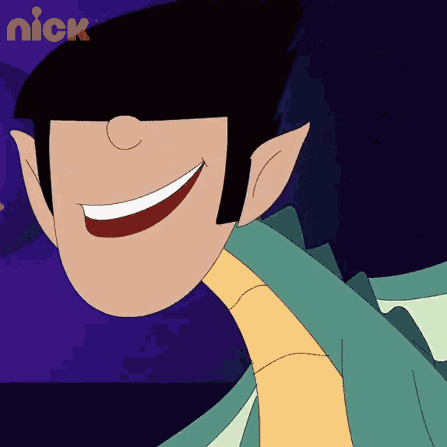a cartoon character is smiling with the nick logo in the background