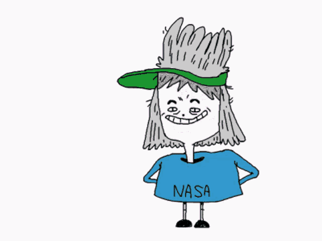 a cartoon character wearing a nasa shirt and a green hat