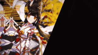 a girl in a kimono is standing in front of a black and yellow background