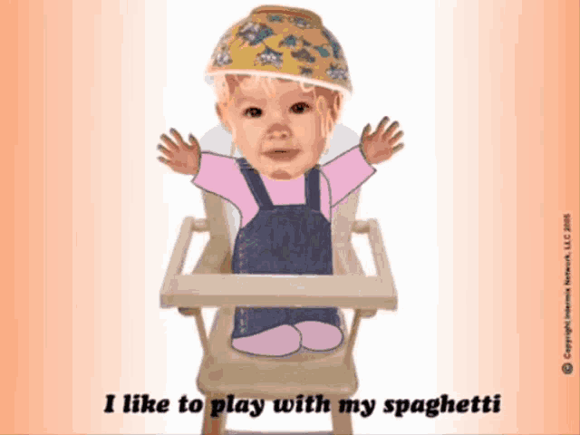 a cartoon of a baby in a high chair with the words i like to play with my spaghetti
