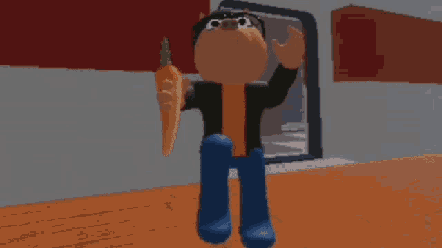 a cartoon character is holding a large carrot in his hand