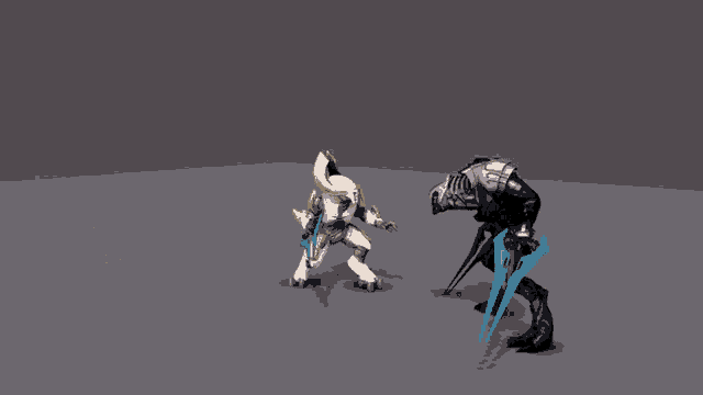 two robots are fighting each other with swords