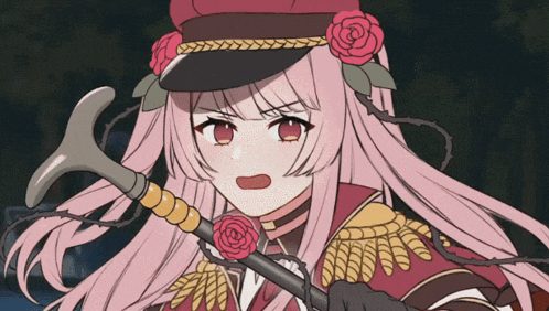 a girl with long pink hair is holding a cane with roses on it