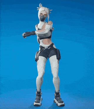 a video game character with a mask on her face is dancing on a blue background