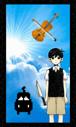 a boy holding a knife and a violin in the sky above him