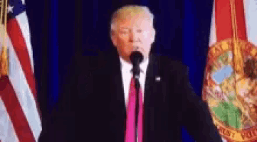 a man in a suit and tie is standing in front of a microphone in front of an american flag .