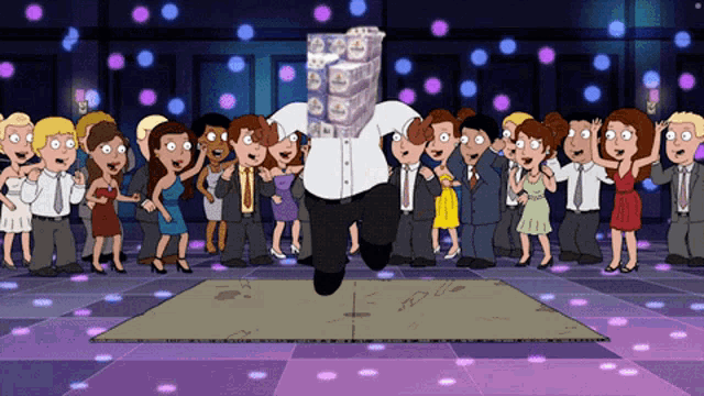 a cartoon shows a man holding a stack of money in front of a crowd of people