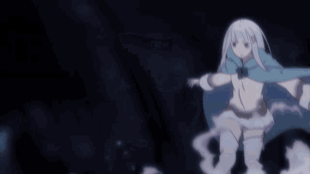 a girl with white hair and a blue cape is standing in the dark