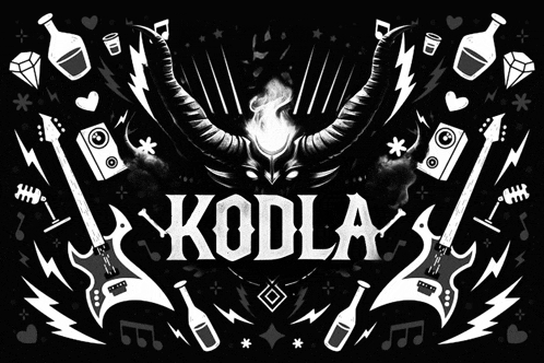 a black and white illustration of a demon with horns and the word koda on it