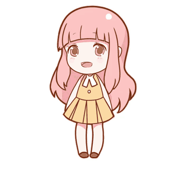 a cartoon girl with pink hair says hi with her hand