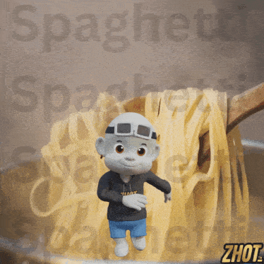 a cartoon character holding a wooden spoon of spaghetti with the word spaghetti behind him