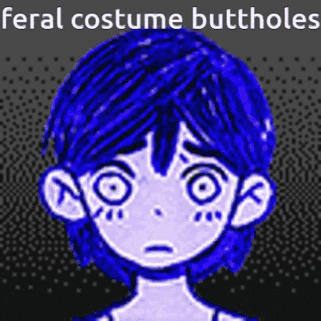 a drawing of a girl with blue hair and the words feral costume buttholes above her