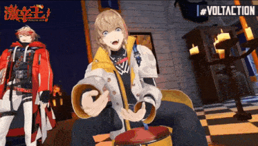 a video game character is sitting on a stool in front of a sign that says voltaction