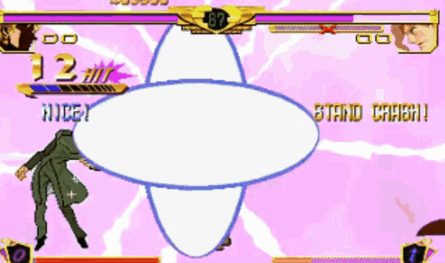a video game screen shows a character with 12 hit and another character with 87 hit