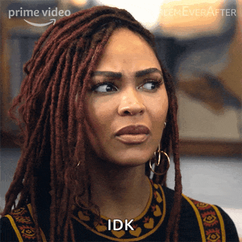a woman with dreadlocks says idk in front of a prime video ad