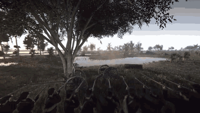 a group of soldiers are standing in a field with swords