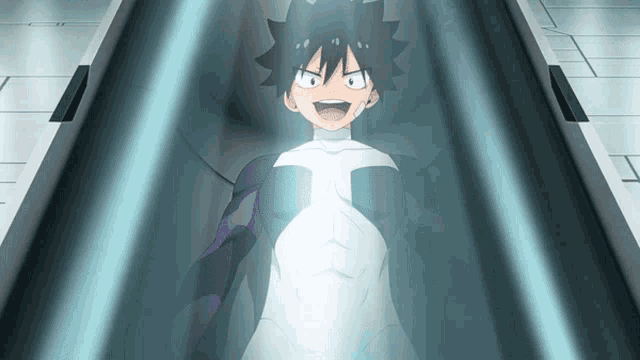 a cartoon character with a t on his chest is in a capsule