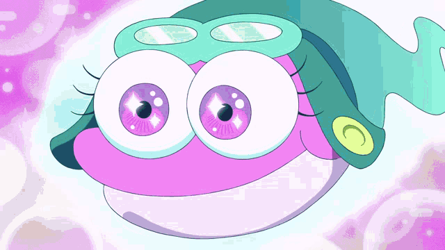 a pink and blue cartoon character with big eyes and a hat