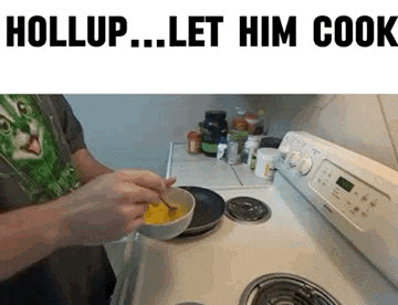 a man is cooking on a stove with a bowl of food and a spoon .