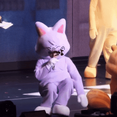 a stuffed animal in a purple cat costume