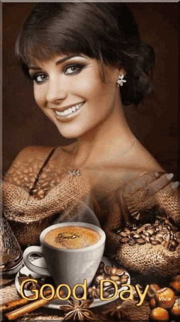 a woman is smiling next to a cup of coffee with the words good day written on it