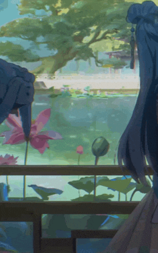 a painting of two women looking out a window at a pond with flowers