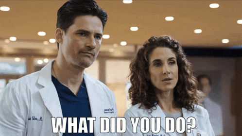 a man and a woman standing next to each other with the words " what did you do " written below them