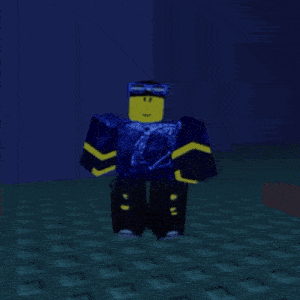 a roblox character wearing a blue shirt and goggles stands in a dark room