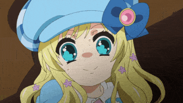 a tokyo mx anime character with a blue hat and flowers