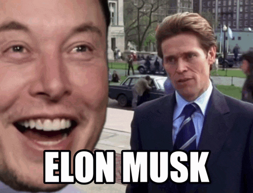 a man in a suit and tie is smiling next to another man who says elon musk