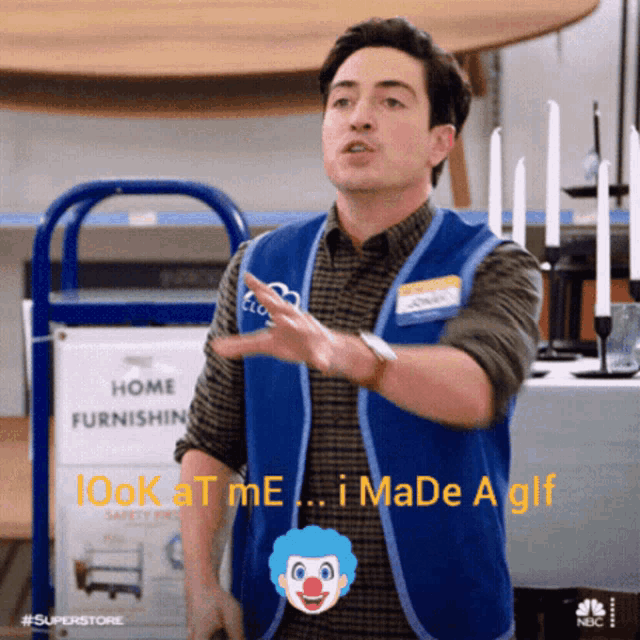 a man wearing a blue vest with the words look at me i made a gif