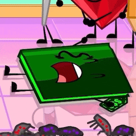 a cartoon character is laying on a green book with a face on it