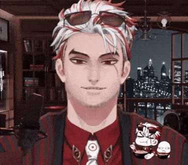 a man with white hair and red eyes is wearing sunglasses and a red and black striped shirt