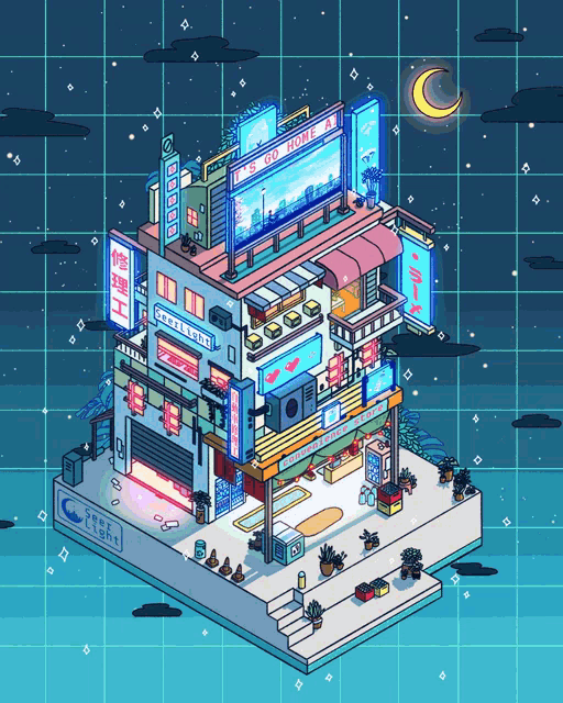 an isometric drawing of a building with a sign that says ' it 's go home ' on it