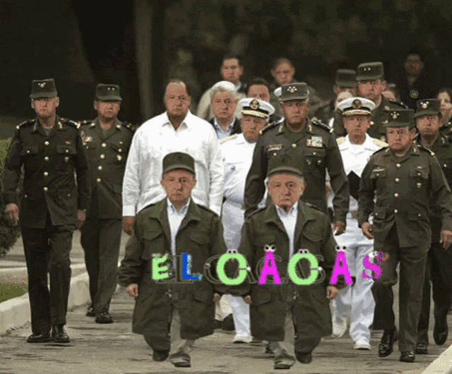 a group of men in military uniforms are walking down a street with the word elcacas written on their jackets