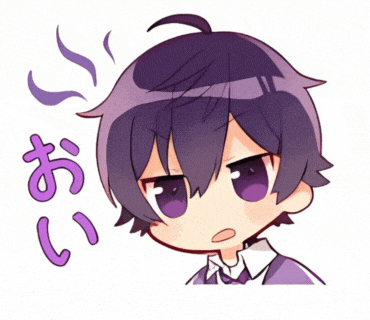 a cartoon drawing of a boy with purple hair and a white shirt