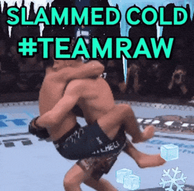 a picture of two men wrestling with the words slammed cold #teamraw above them