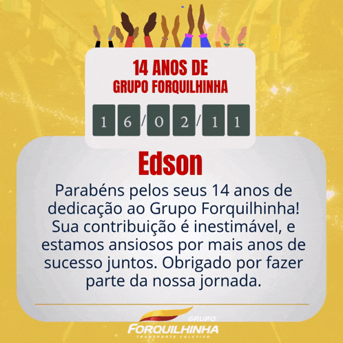 an advertisement for grupo forquilhinha congratulates edson for his 14th birthday