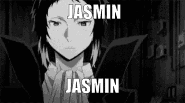 a black and white photo of a man with the name jasmin on his face .