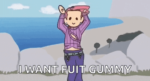 a cartoon character is standing in front of the ocean and says i want fruit gummy