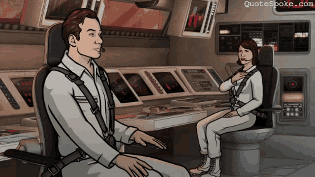 a man and a woman are sitting in a control room with quotesspoke.com in the bottom right corner