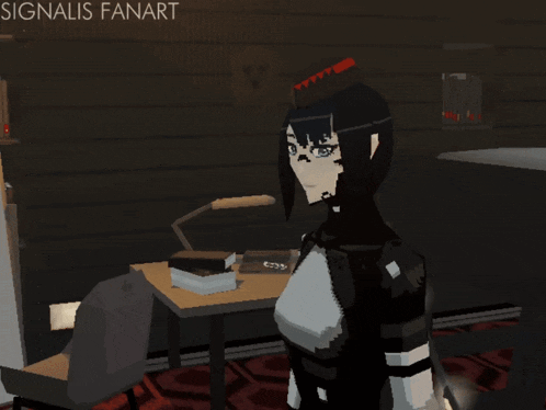 a pixel art drawing of a girl with the words signalis fanart written above her