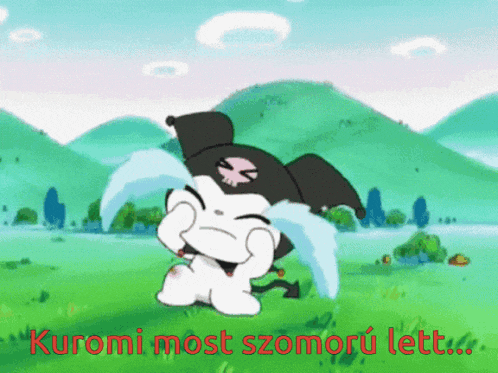 a picture of a cartoon character crying with the words " kuromi most szomoru lett "