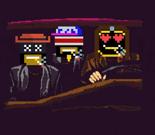 a pixel art of a man smoking a cigarette and a woman with hearts on her eyes