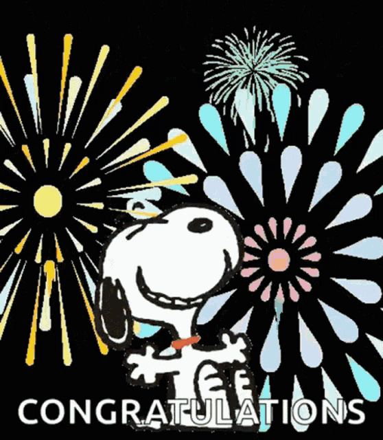 snoopy is celebrating with fireworks and the words congratulations