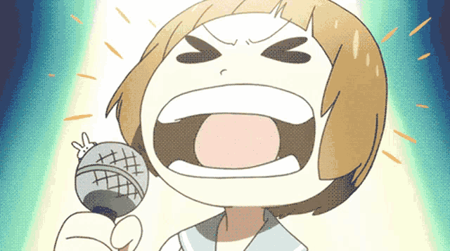 a cartoon of a girl holding a microphone with her mouth open