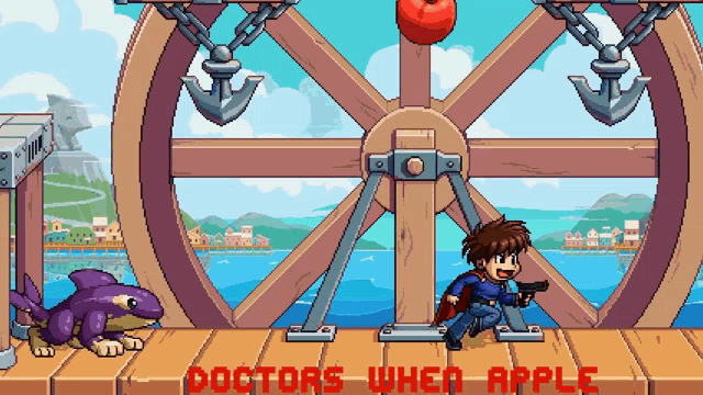 a pixel art illustration of a boy holding a gun and the words doctors when apple