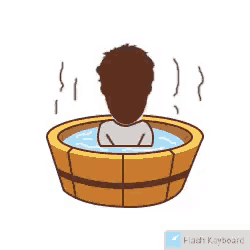 a cartoon of a man taking a bath in a wooden bathtub .